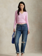 RALPH LAUREN WOMEN Cable-Knit Cotton V-Neck Jumper Carmel Pink