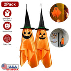 2 Pack Hanging Ghosts with Wizard Hat Snicker Scary Face Halloween Party Hanging Decorations Pumpkin Wizard Hat for Eave Tree Porch