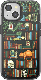 PopSockets iPhone 15 Phone Case with MagSafe, Wireless Charging Compatible, Bookish - Storied Shelves