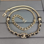 18K  Chanel Black Leather Gold Chain Necklace