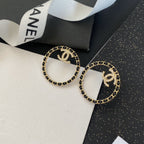 18K  Chanel Black Leather Circle Earrings