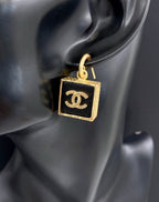 18K  Chanel Black Bag Pendant Earrings