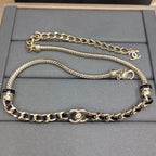 18K  Chanel Black Leather Gold Chain Necklace