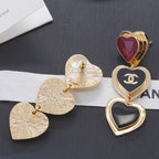 18K  Chanel Black & Red Heart Gold Long Earrings