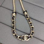 18K  Chanel Black Leather Gold Chain Necklace