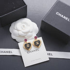 18K  Chanel Black & Red Heart Gold Earrings