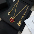 18K  Chanel Black & Red Heart Gold Necklace