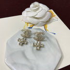 18K  Chanel Cross Pearl & Diamond Earrings