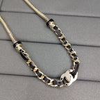 18K  Chanel Black Leather Gold Chain Necklace