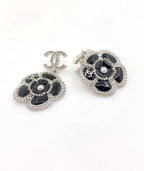 18K  Chanel Black Pearl Camellia Earrings
