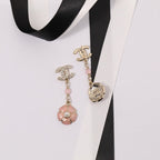 18K  Chanel Black & Pink Camellia Diamond Long Earrings