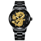 IL - Golden Stainless Steel Casual Watch Dragon Design, Waterproof, Luminous